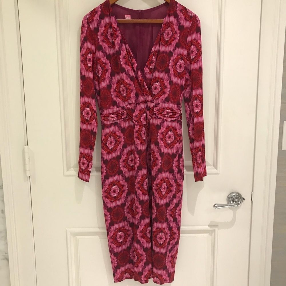 Basler Sz M Pink Jewel ikat Print Faux Wrap Dress